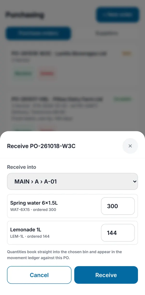 Receiving an order into a warehouse bin, with the quantity for each line.