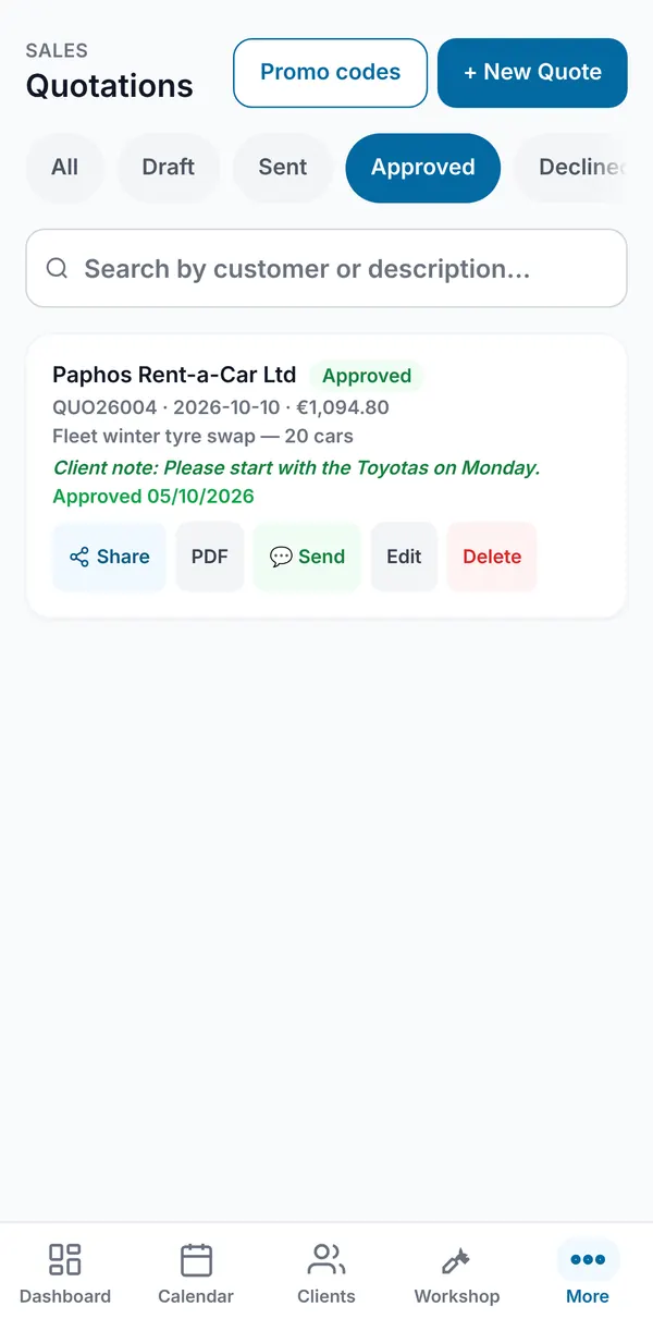 The Approved filter showing a quote with the client's note and the date it was approved.