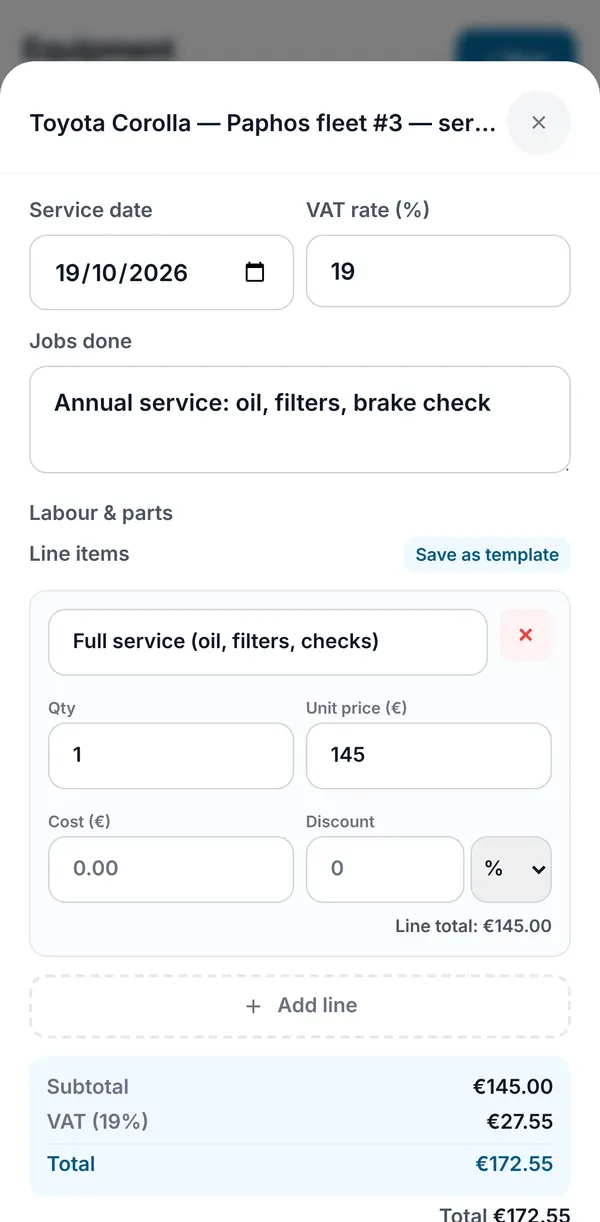 Logging a service: date, VAT rate, jobs done and priced labour and parts lines, with subtotal, VAT and total.