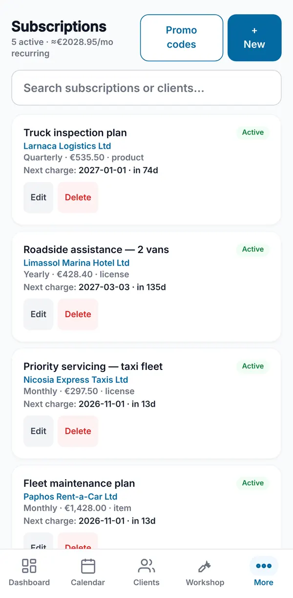 The Subscriptions list with the active count and monthly recurring total, and plan cards showing interval, price and next charge date.