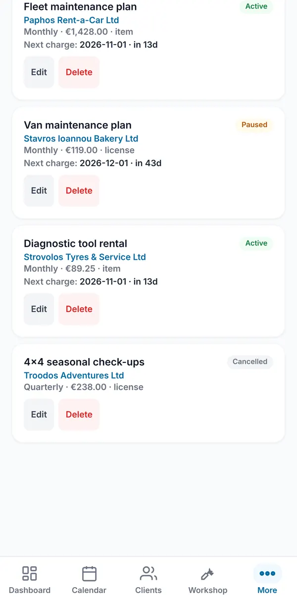 More plan cards, including a paused plan and a cancelled one.