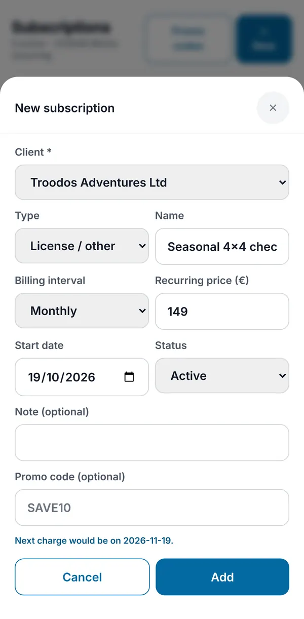 The New subscription form with client, type, name, billing interval, price, start date, status, promo code and the next-charge preview.