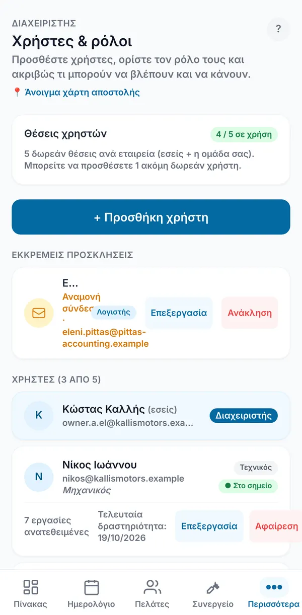 Η οθόνη Χρήστες & ρόλοι με τον μετρητή θέσεων, το κουμπί Προσθήκη χρήστη, μια εκκρεμή πρόσκληση και τη λίστα χρηστών.