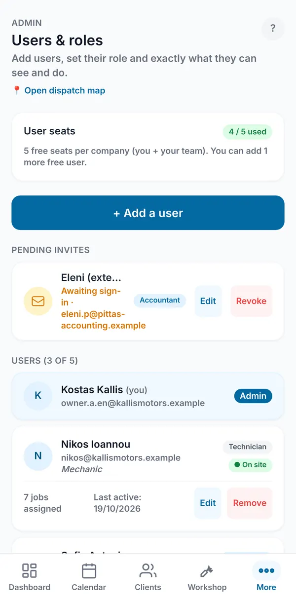 The Users & roles screen with the seat counter, the Add a user button, a pending invite and the user list.
