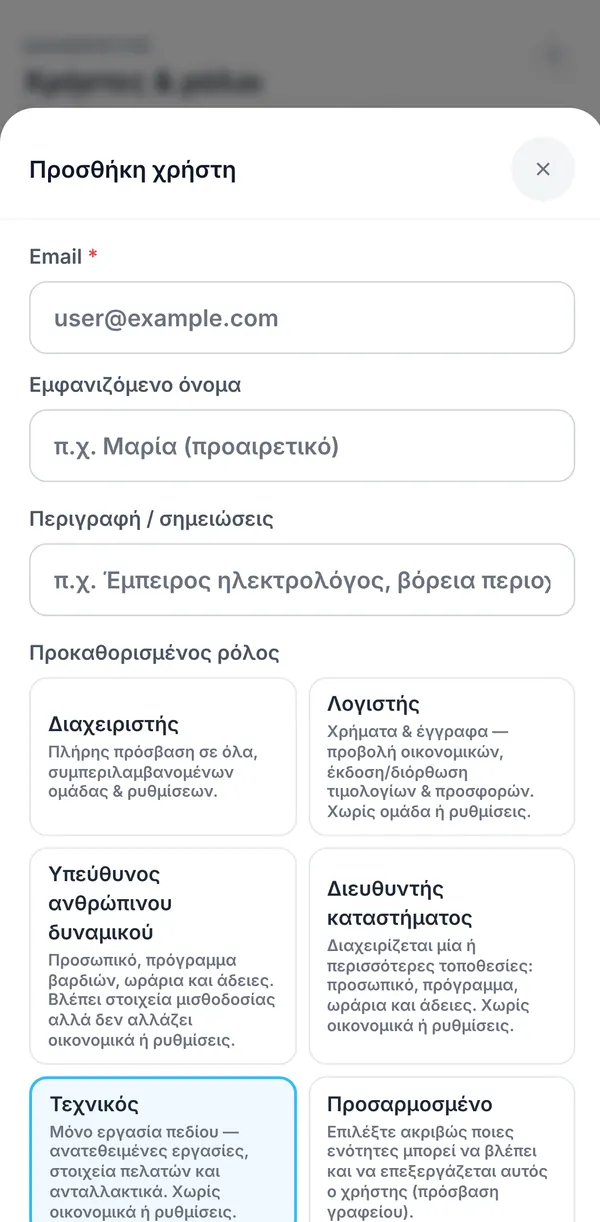 Η φόρμα Προσθήκη χρήστη με email, όνομα, περιγραφή και τους έτοιμους ρόλους.