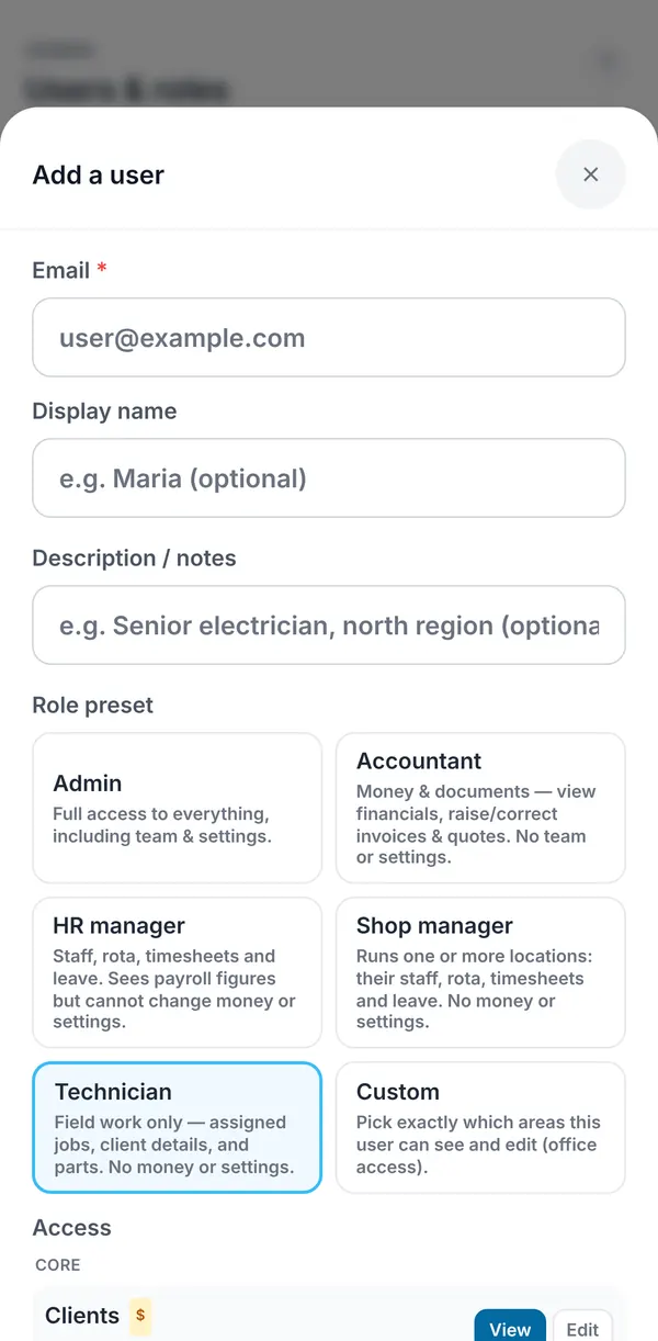 The Add a user form with email, display name, description and the role presets.