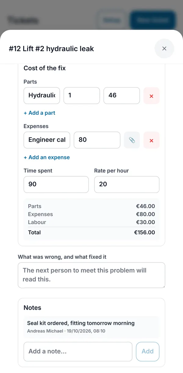 The cost of the fix on a ticket: parts, an expense with a receipt clip, time spent and hourly rate, with the total, then the resolution box and notes.