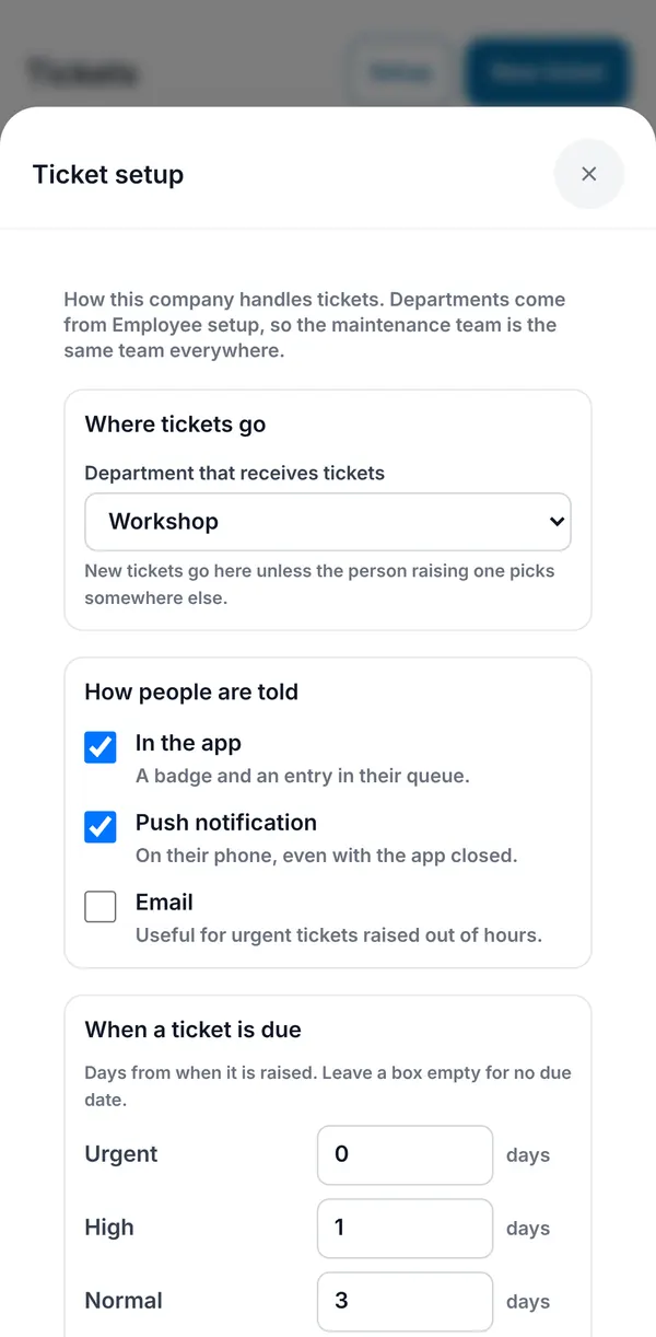 Ticket setup: the department that receives tickets, notification choices and the number of days each priority gets.