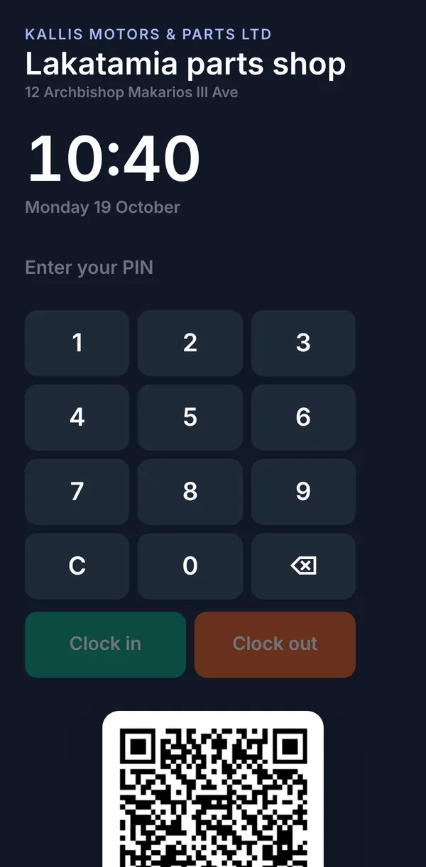 The kiosk screen for one location with the time, a PIN pad, Clock in and Clock out buttons and a QR code.