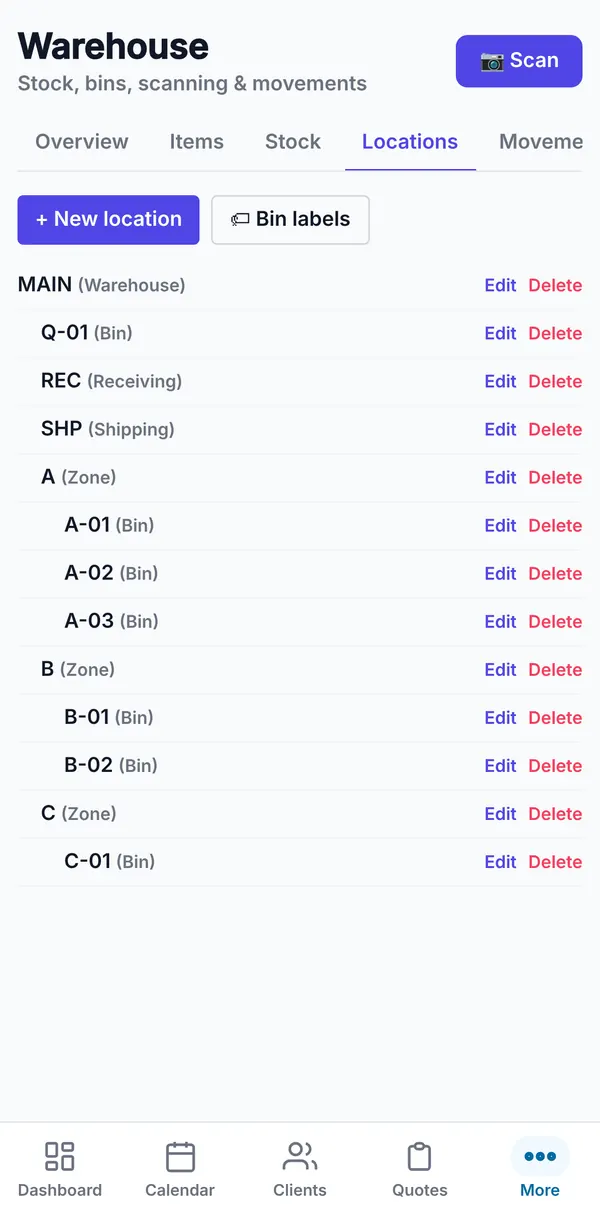 The location tree of a warehouse with receiving and shipping areas, zones and bins, and a Bin labels button.
