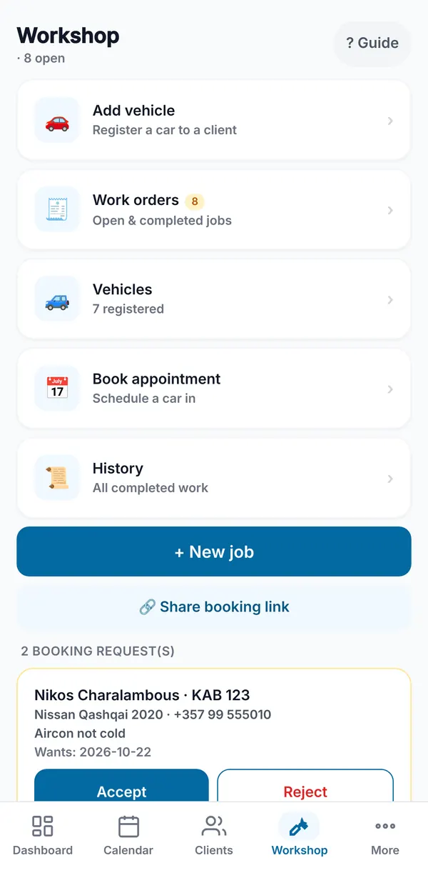 The Workshop home screen with Add vehicle, Work orders, Vehicles, Book appointment and History, the Share booking link button, and a booking request waiting to be accepted or rejected.