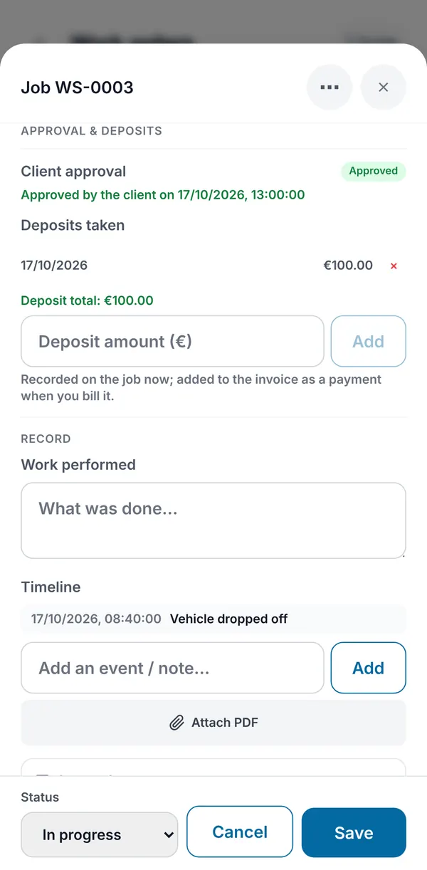 A job approved by the client online, with a deposit recorded, the work performed field and the job timeline.