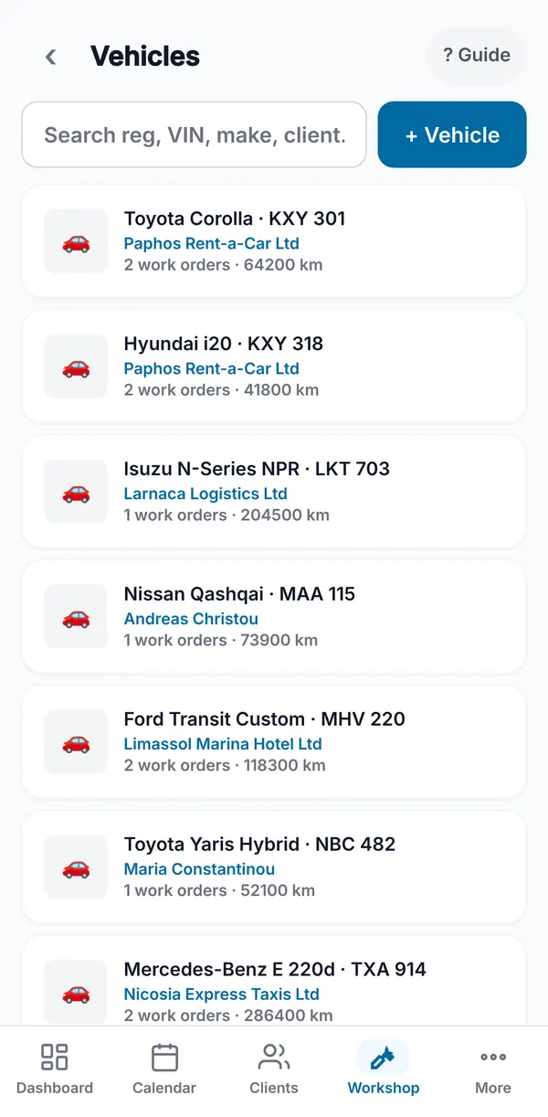The vehicle register, searchable by plate, VIN, make or client, showing each vehicle's owner, number of work orders and mileage.